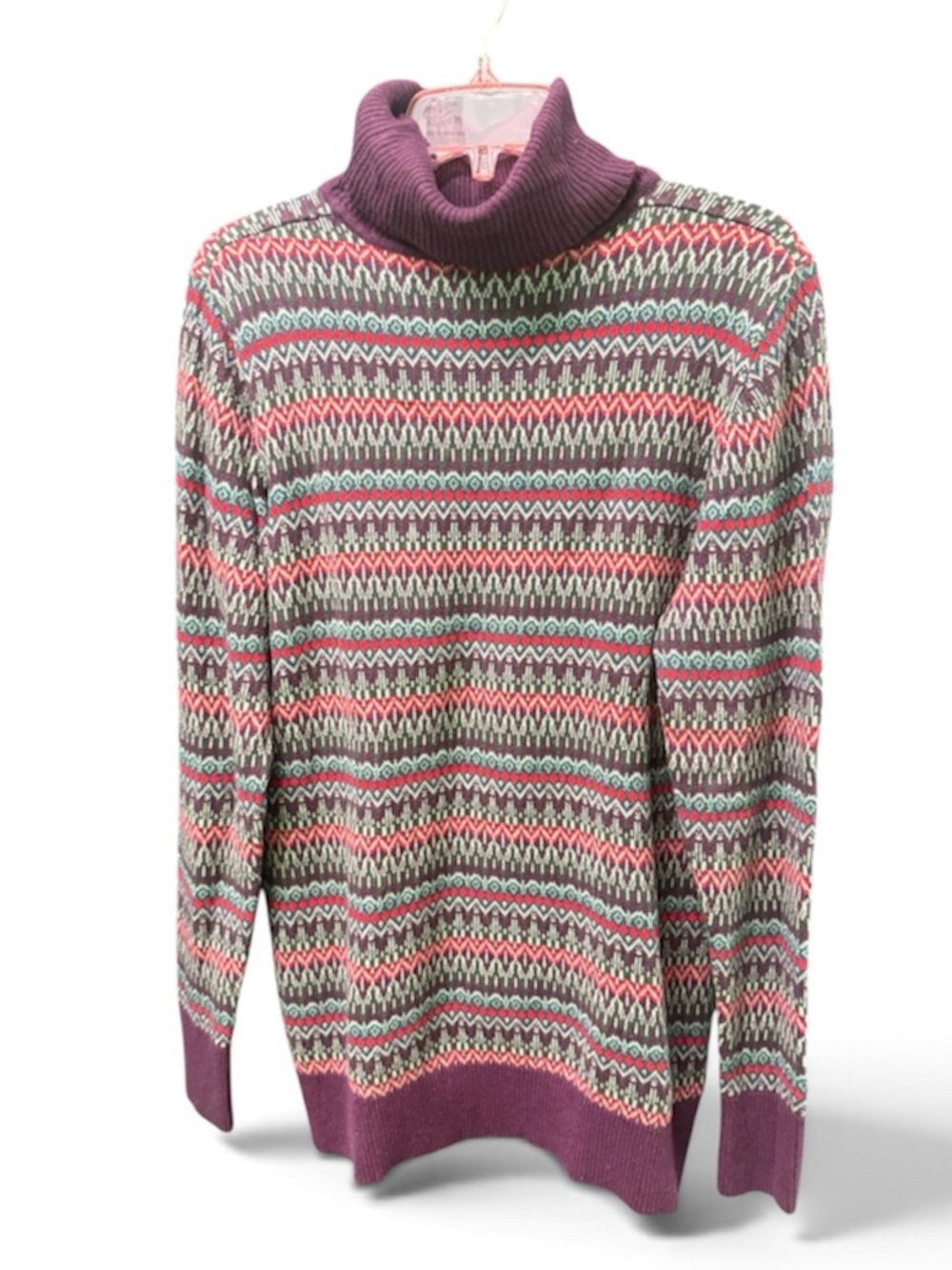 LL Bean Women XL Cashmere Cotton Fair Isle Turtleneck Sweater Purple Green